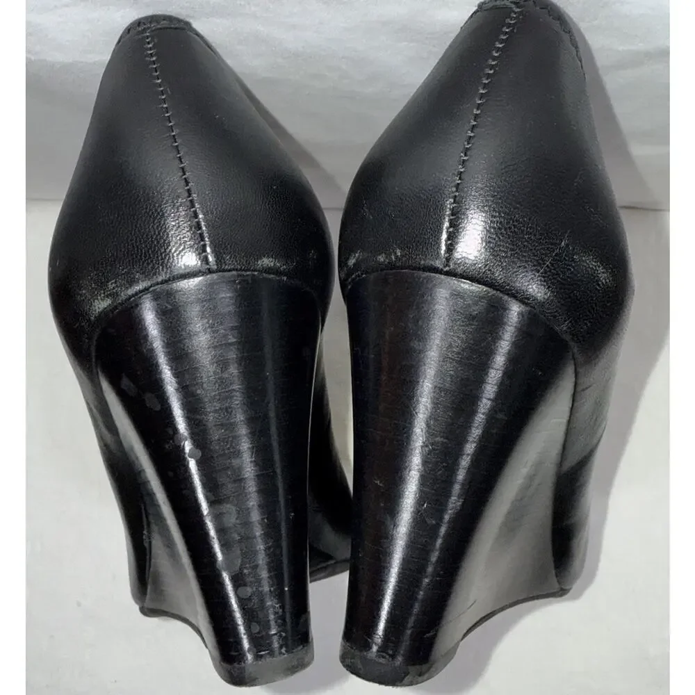 Tory Burch Jolie Peep Toe Black Leather Wedge Heel Preppy Career Formal Sz 9.5M